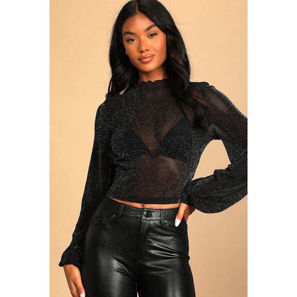 Lulus Sparkle Here And There Black Mesh Long Sleeve Crop Top - Size M
